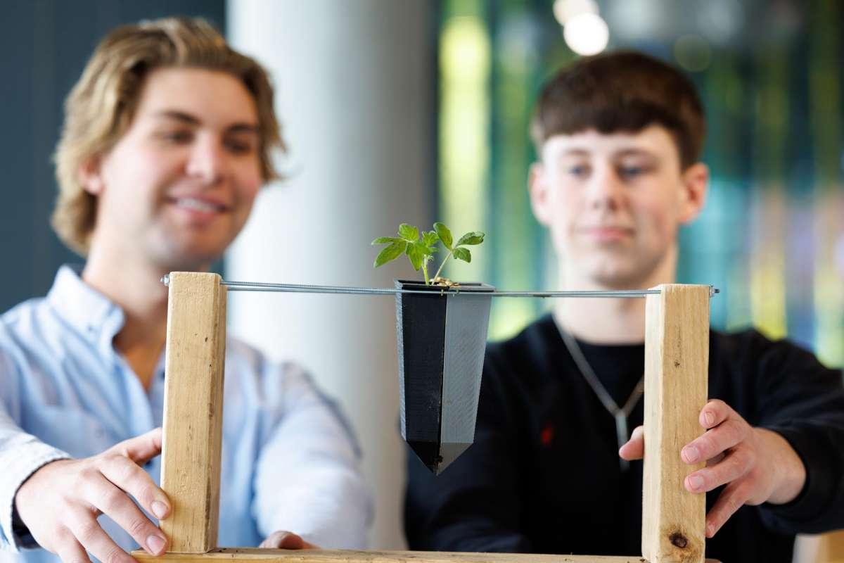 两名学生拿着一棵小植物，作为创新展示的一部分